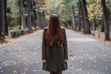 Junge Frau mit langen roten Haaren, die ihr Gesicht verdecken, im herbstlichen Park, Porträt - CUF51436