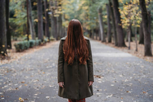 Young woman with long red hair covering her face in autumn park, portrait - CUF51436