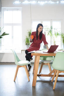 Frau mit Laptop auf Tisch im Büro - FKF03360