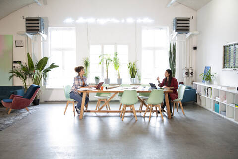 Two women working at table in modern office stock photo