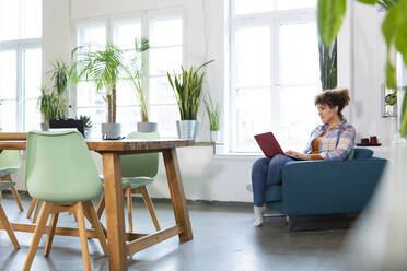 Woman using laptop in armchair in office - FKF03372