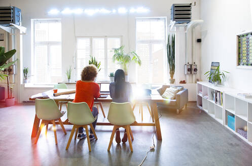 Rückansicht von zwei Frauen, die in einem modernen Büro mit Videoprojektor auf dem Tisch arbeiten - FKF03410