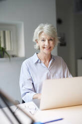 Portrait of smiling mature woman using laptop at desk - PNEF01700