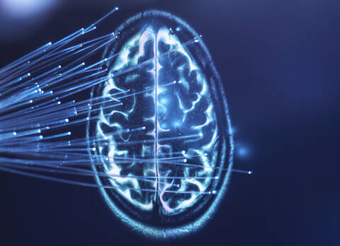 Künstliche Intelligenz, Glasfaserkabel, die Daten ins Gehirn leiten, lizenzfreies Stockfoto