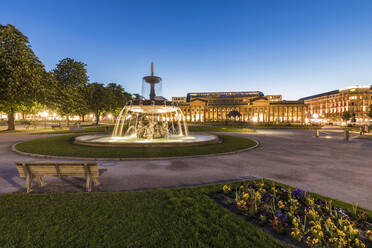 Palace square with fountain in front of Koenigsbau at dusk, Stuttgart, Germany - WDF05275