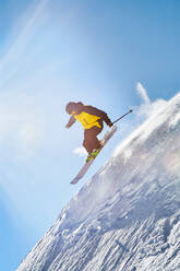 Skier moving down slopes, Saas-Fee, Valais, Switzerland - CUF51541