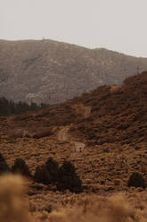 Motorradfahrer fährt durch die Landschaft von Kennedy Meadows, Kalifornien, USA - ISF21797