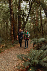 Eltern mit Baby erkunden den Wald, Queenstown, Canterbury, Neuseeland - ISF21904