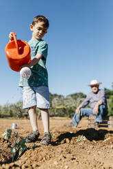 Grandfather and grandson watering freshly planted vegetables - JRFF03400