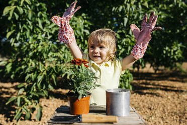 Girl repotting a flower - JRFF03406