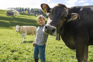 Happy boy with cow on pasture - FBAF00820