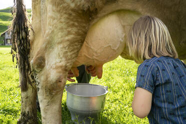 Landwirt melkt eine Kuh auf der Weide, beobachtet von seiner Tochter - FBAF00840