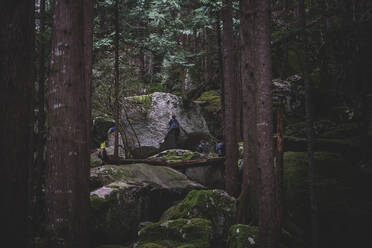 Kletterer beim Bouldern im Wald, Squamish, Kanada - ISF21927