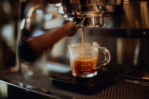 Barista gießt frischen Kaffee in einen Messbecher an einer Kaffeemaschine in einem Café, unscharf - ISF22079