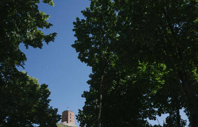 Fernblick auf den Gediminas-Turm auf einem Hügel vor blauem Himmel - AHSF00568