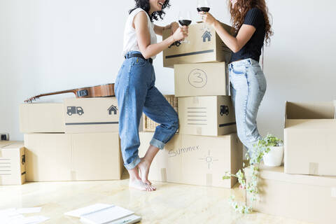 Two friends moving into new home drinking red wine stock photo