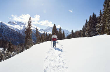 Teenage girl snowshoeing in snow covered mountain landscape, rear view, Styria, Tyrol, Austria - CUF51714