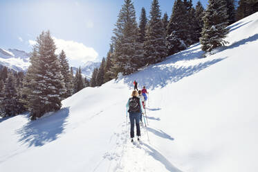 Älteres Paar und Töchter beim Schneeschuhwandern in verschneiter Berglandschaft, Rückansicht, Steiermark, Tirol, Österreich - CUF51738