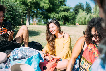 Eine Gruppe von Freunden entspannt sich bei einem Picknick im Park - CUF51930