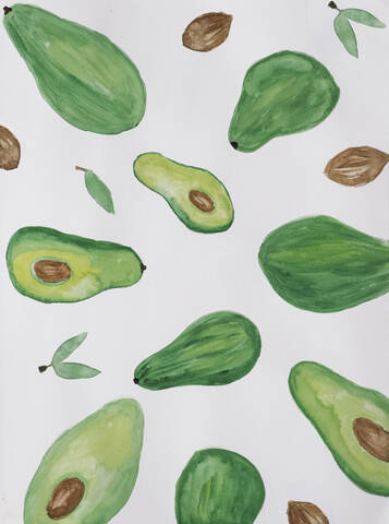 Vollbildaufnahme der Avocado-Aquarellmalerei, lizenzfreies Stockfoto