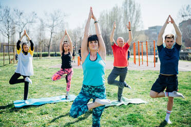 Calisthenics-Kurs in einem Fitnessstudio im Freien, Frauen und Männer üben die Yoga-Baum-Pose - CUF51981