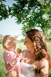 Mutter mit Blick auf ihre kleine Tochter unter einem Obstbaum, Arezzo, Toskana, Italien - CUF52469