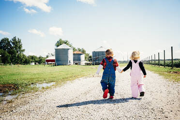 Caucasian brother and sister walking on farm - BLEF08205