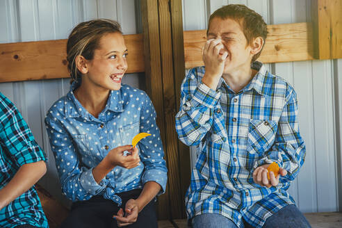 Kaukasischer Bruder und kaukasische Schwester essen Chips - BLEF08215