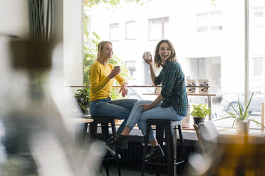 Two girlfriends sitting in coffee shop, having fun, drinking coffee - JOSF03419