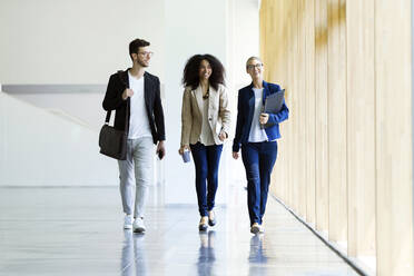 Young business people walking and talking in a hallway - JSRF00390