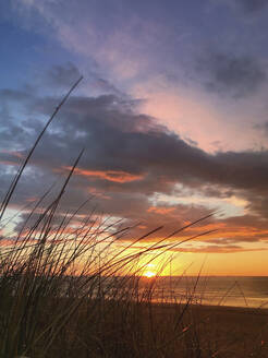 Belgien, Flandern, Nordseeküste, Sonnenuntergang über Strand - GWF06134