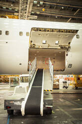 Conveyor belt leading to airplane cargo hold - BLEF08698