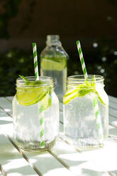 Two glasses of lime-mint lemonade on garden table - LVF08123