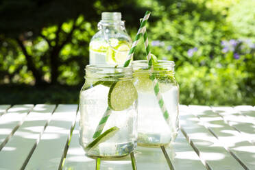 Two glasses of lime-mint lemonade on garden table - LVF08124