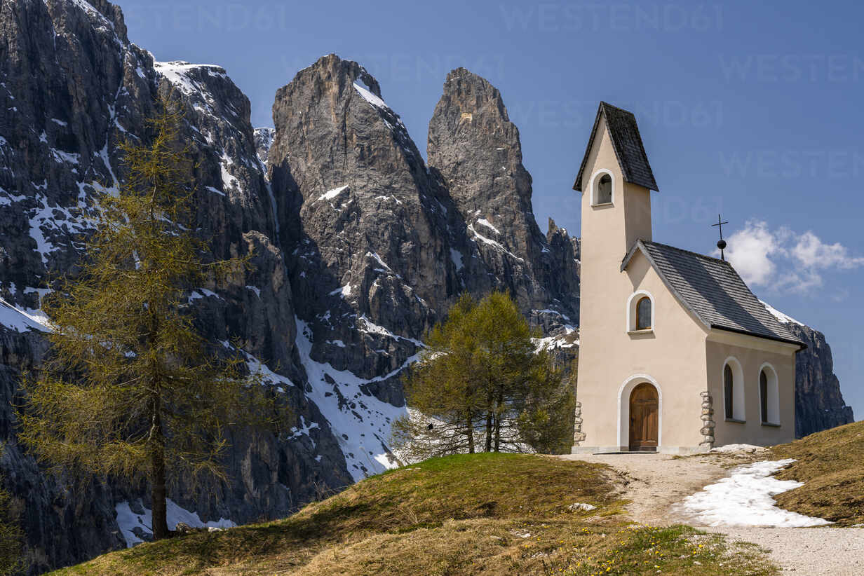 Small church at Gardena Pass, Sella group, Dolomites, South Tyrol 
