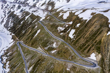 Aerial view over road to Rettenbach glacier, Soelden, Oetztal, Tyrol, Austria - STSF02073