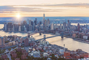 Aerial view of New York City skyline and sunset, New York, United States - BLEF08879