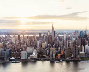 Aerial view of New York City skyline and sunset, New York, United States - BLEF08880