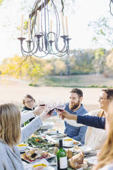 Freunde stoßen am Tisch im Freien mit Wein an - BLEF09312