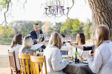 Friends toasting with wine at outdoor table - BLEF09317