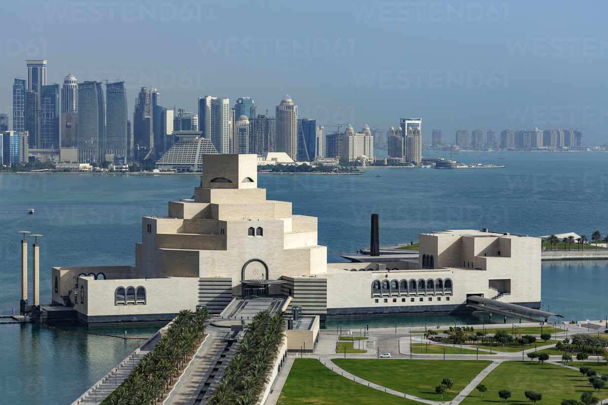 Doha Museum of Islamic Art in harbor, Doha, Qatar stock photo