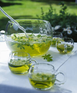 Süß duftende Labkrautbowle im Glasbehälter auf dem Gartentisch - PPXF00216