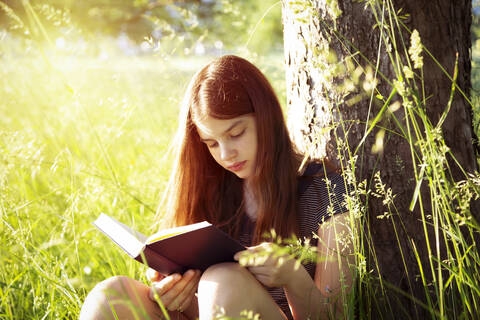 Mädchen lehnt an einem Baumstamm und liest ein Buch, lizenzfreies Stockfoto