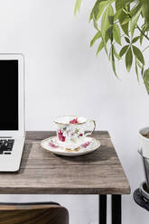 Tea cup on desk next to laptop in office - FSIF03973