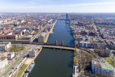 High angle view of Oberbaumbruecke Bridge over river in city - TAMF01774