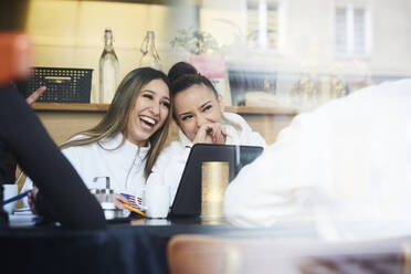 Glückliche weibliche Teenager-Freunde sitzen am Tisch im Restaurant - MASF12848