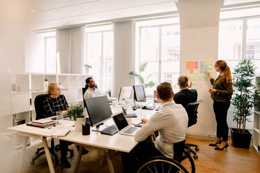 Manager planen Verkaufsstrategien, während sie über bunte Haftnotizen an der Wand ihres Arbeitsplatzes diskutieren - MASF13048