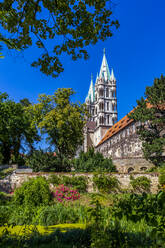 Low angle view of Naumburger Dom and trees against clear blue sky - PUF01677