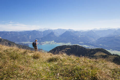 Ältere Frau wandert auf einer Wiese an der Schafbergbahn mit dem Wolfgangsee und dem Dachsteingebirge vor blauem Himmel - GWF06169