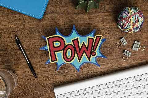 View from above POW sign on wooden desk stock photo